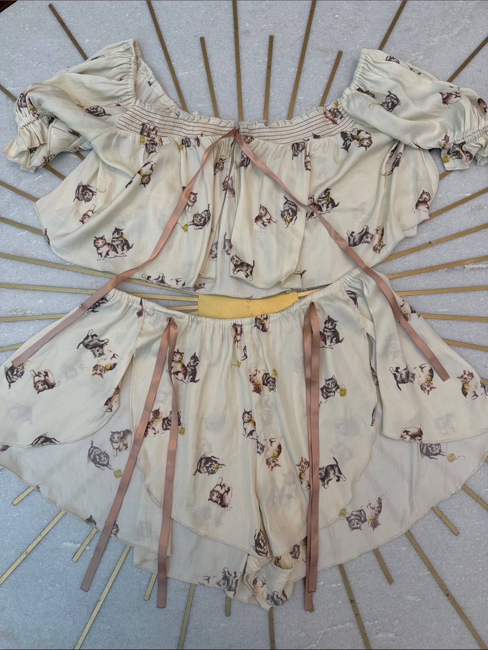 Urban Outfitters PJ Set Off-Shoulder Cream Floral Cat-Print Crop Top and Skirt